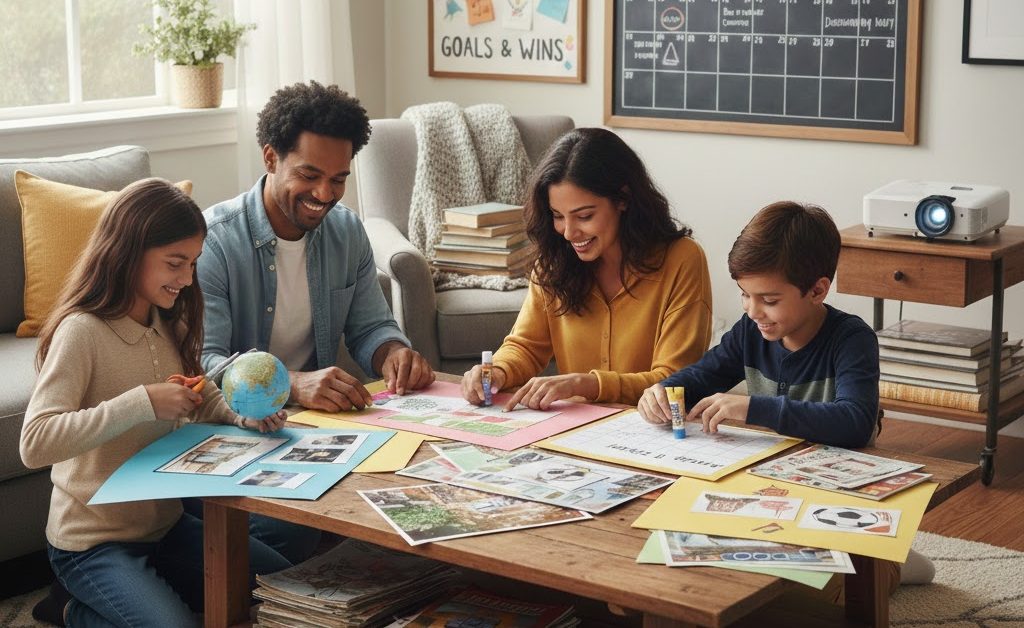 A smiling family of four sitting around a coffee table in a cozy living room, working together on colorful vision boards with scissors, glue, and magazine cutouts.