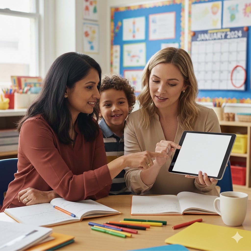 Social Media & Web Assets Here are the metadata and text options for your blog featured photo: Alt Text A parent and a teacher sitting at a classroom desk, smiling and looking at a tablet together while a young male student stands happily between them. Notebooks, colorful pens, and a calendar are on the table, creating a collaborative educational setting.